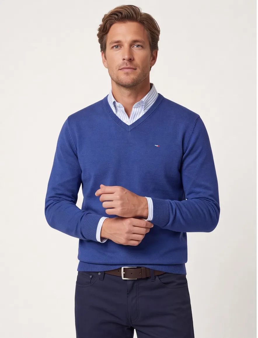 Portofino trui v-hals blauw effen 100% katoen