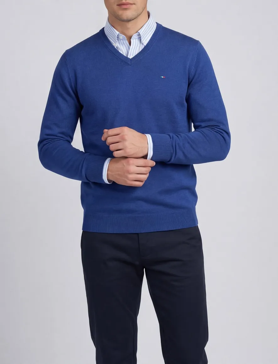 Portofino trui v-hals blauw effen 100% katoen