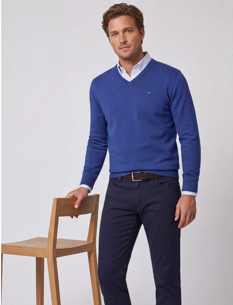 Portofino trui v-hals blauw effen 100% katoen
