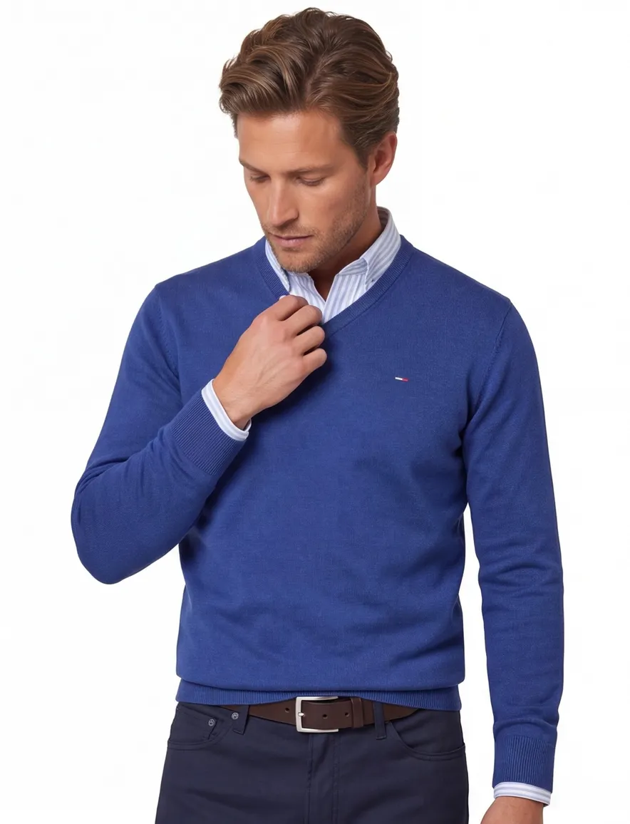 Portofino trui v-hals blauw effen 100% katoen