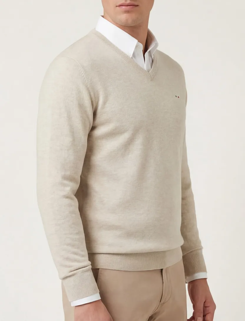 Portofino trui v-hals beige effen gemêleerd katoen
