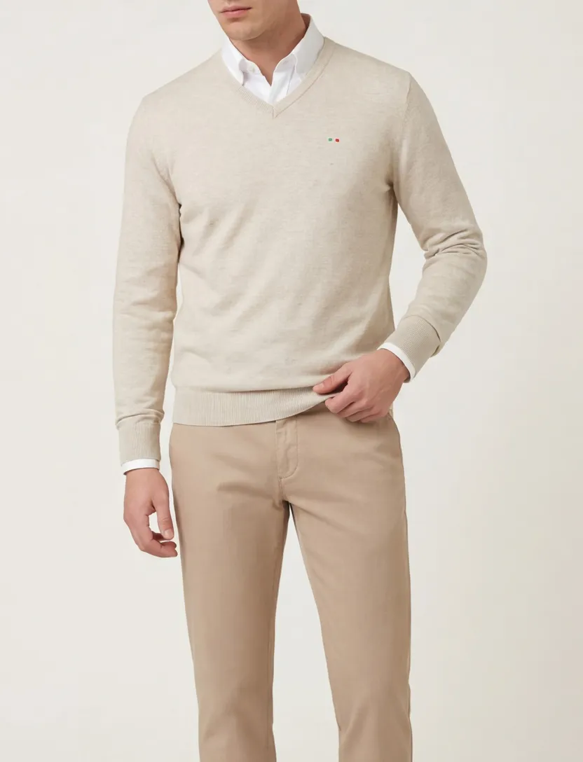 Portofino trui v-hals beige effen gemêleerd katoen