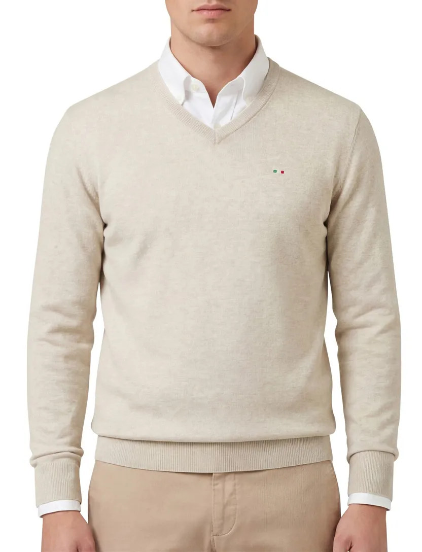 Portofino trui v-hals beige effen gemêleerd katoen