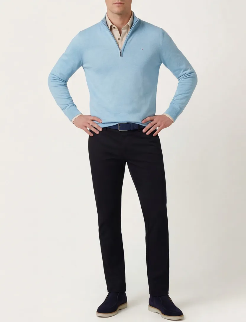 Half zip lichtblauw Portofino trui katoen