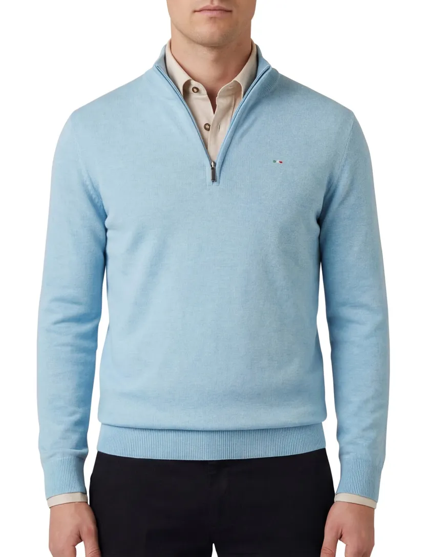 Half zip lichtblauw Portofino trui katoen