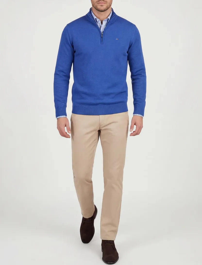 Katoenen Portofino trui blauw half zip