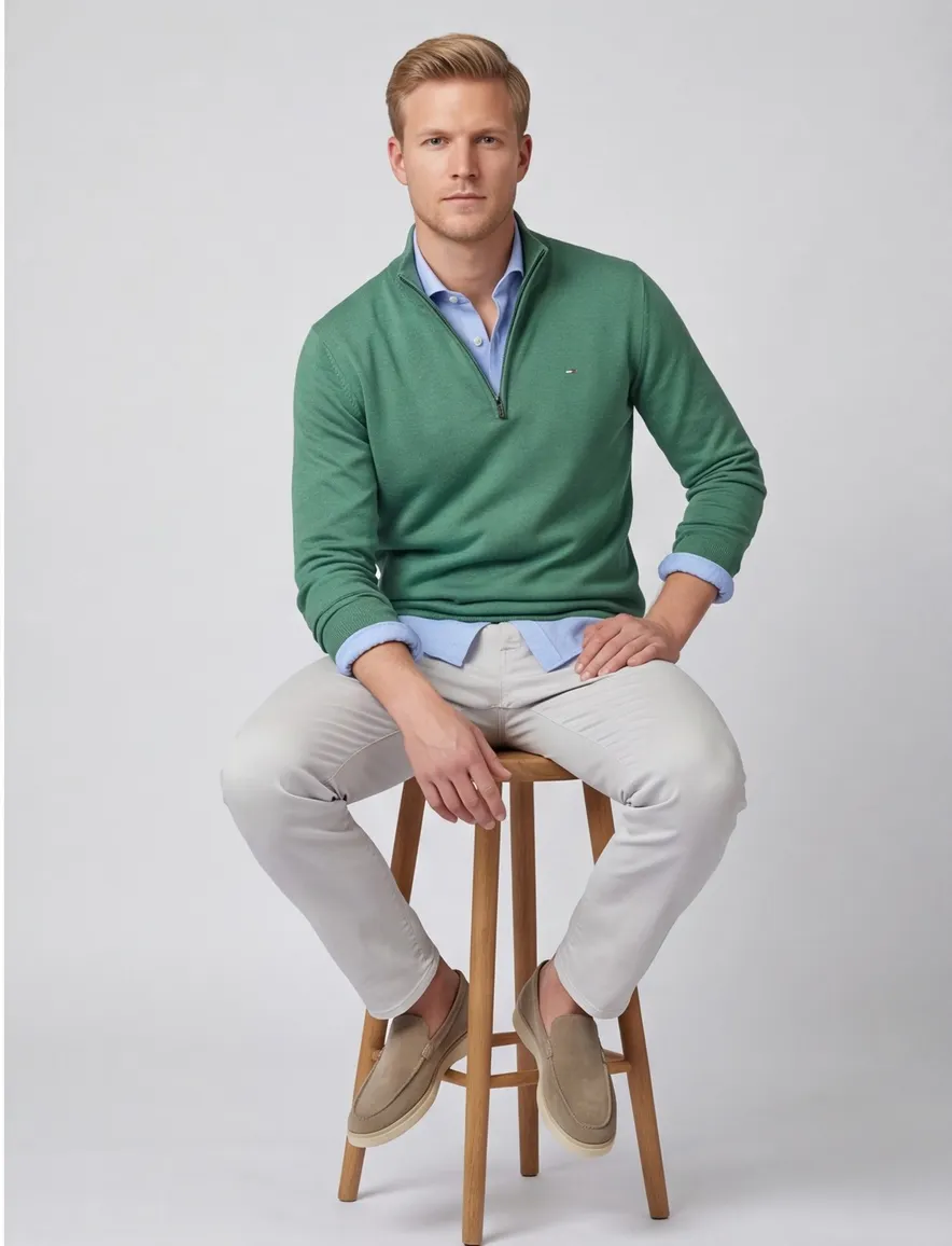 Portofino trui half zip groen effen