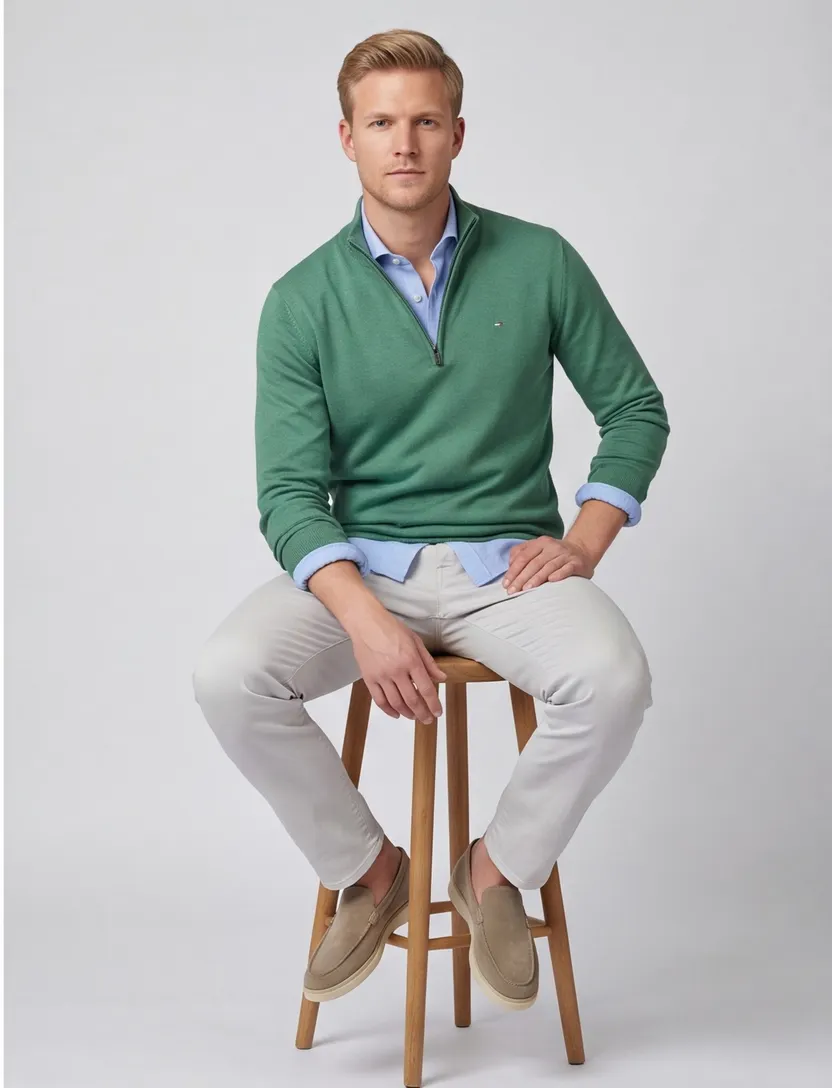Portofino trui half zip groen katoen
