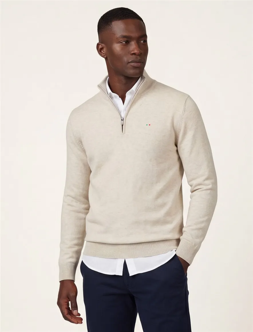 Half zip beige gemêleerd Portofino trui katoen