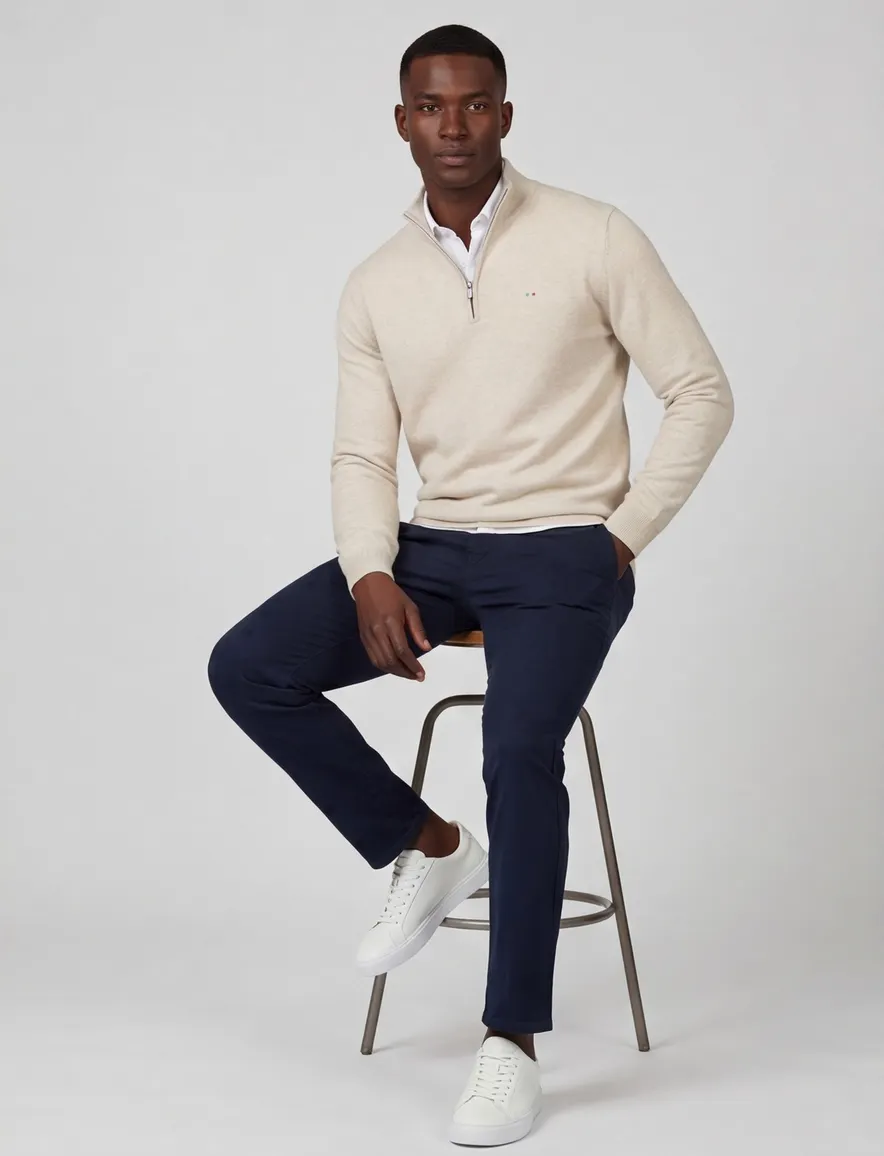 Half zip beige gemêleerd Portofino trui katoen