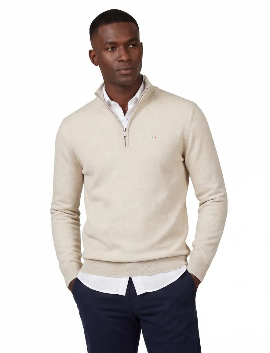 Half zip beige gemêleerd Portofino trui katoen