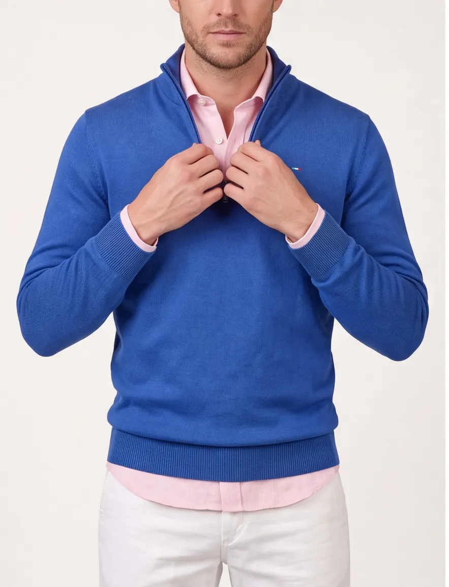 Portofino sweater half zip effen blauw katoen