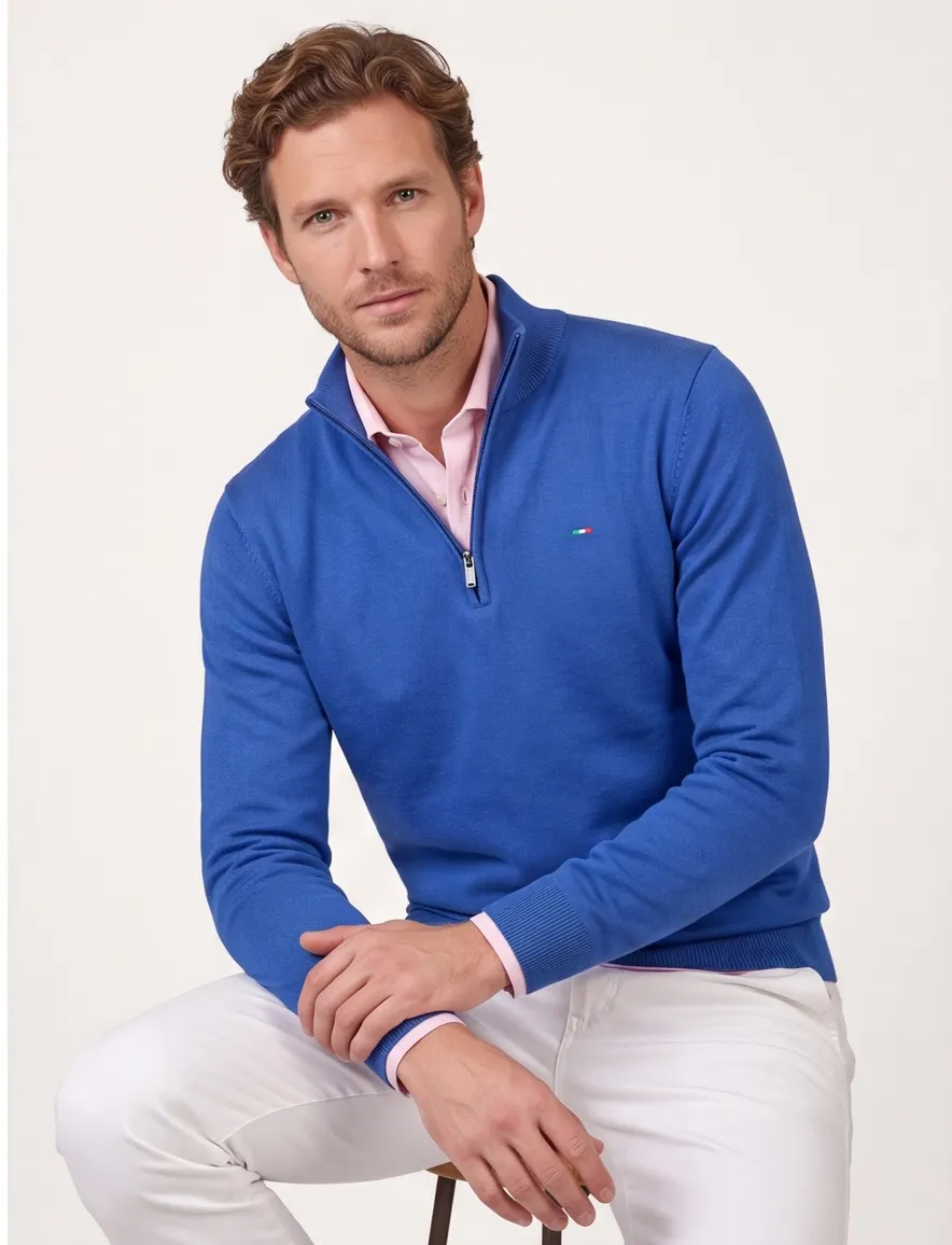 Portofino sweater half zip effen blauw katoen