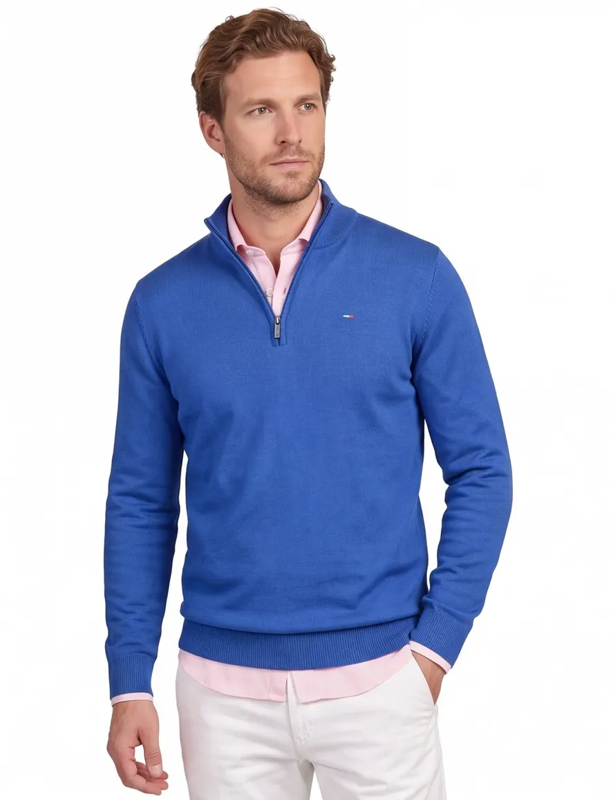 Portofino sweater half zip effen blauw katoen