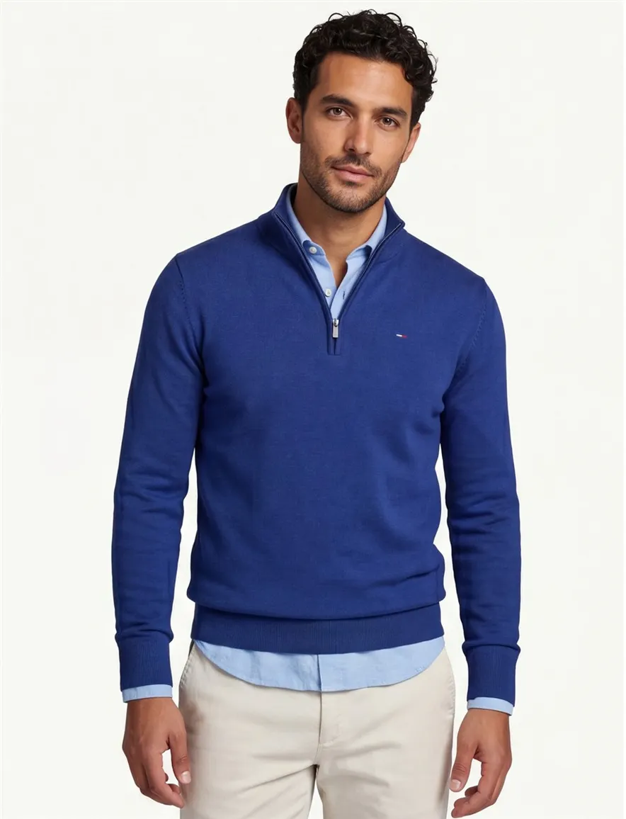 Portofino sweater half zip effen kobaltblauw katoen