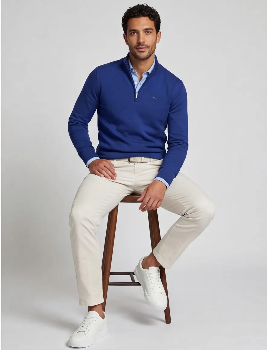 Portofino sweater half zip effen kobaltblauw katoen