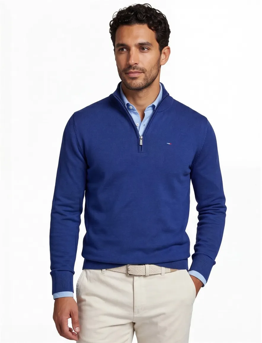 Portofino sweater half zip effen kobaltblauw katoen