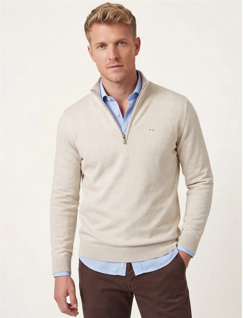 katoenen Portofino sweater half zip effen beige extra lang