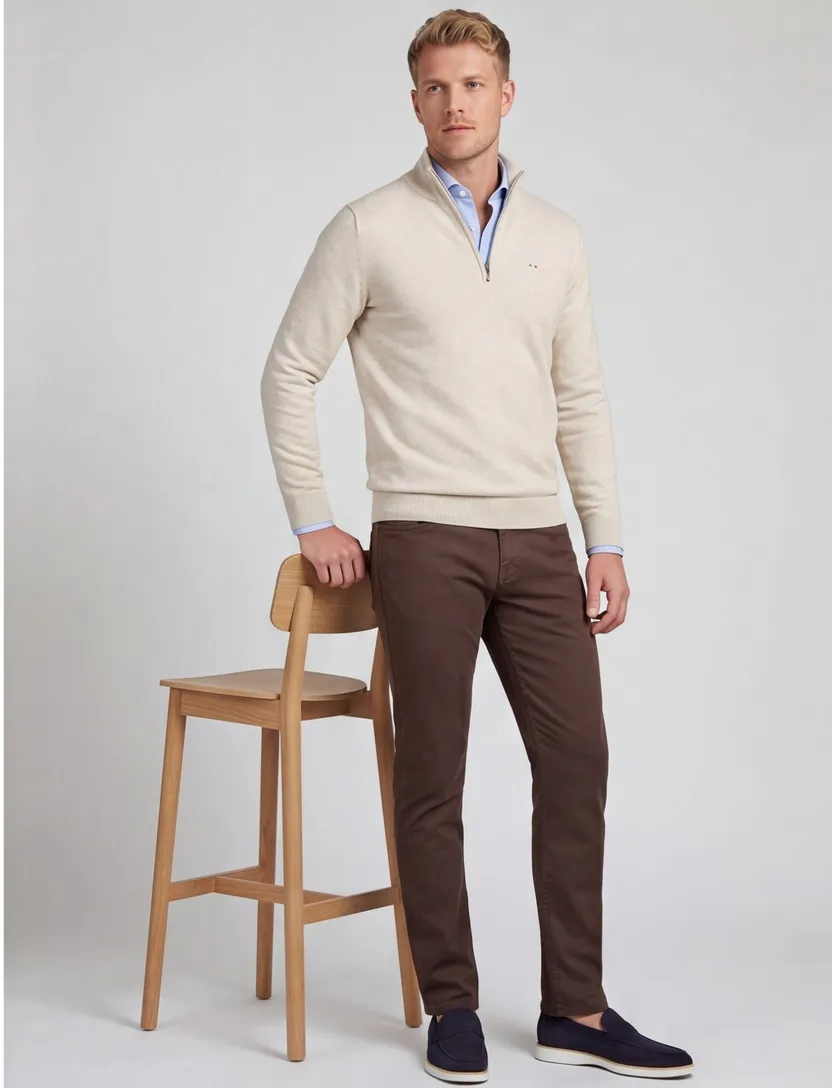 katoenen Portofino sweater half zip effen beige extra lang
