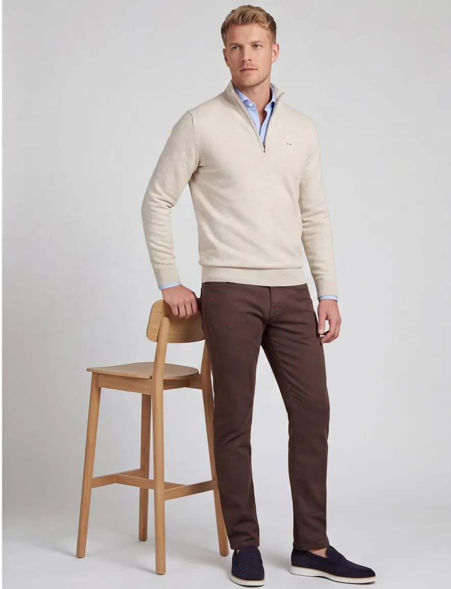Portofino sweater half zip beige katoen extra lang