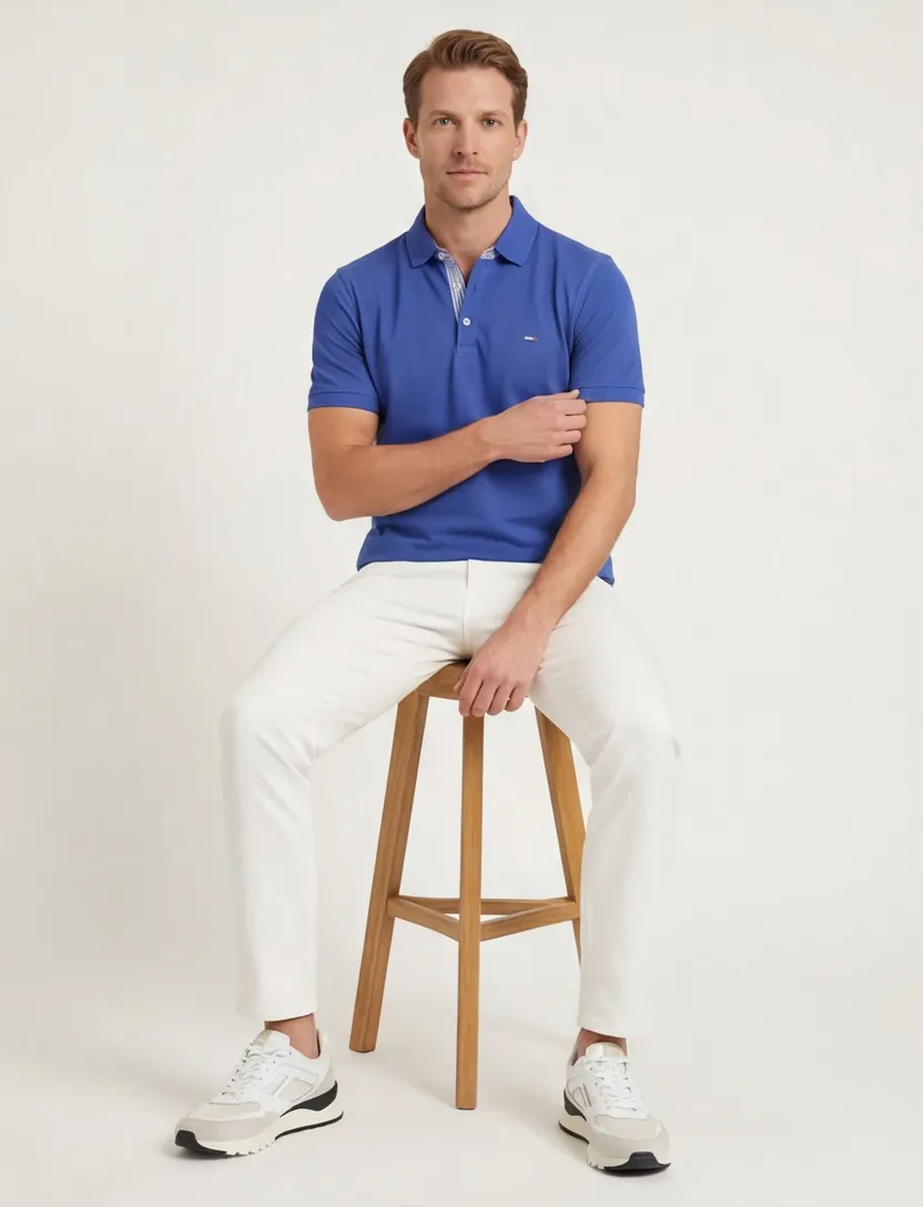 Poloshirt 3-knoops Portofino blauw katoen korte mouw