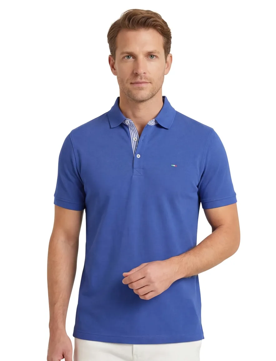 Blauw Portofino poloshirt 3-knoops korte mouw katoen