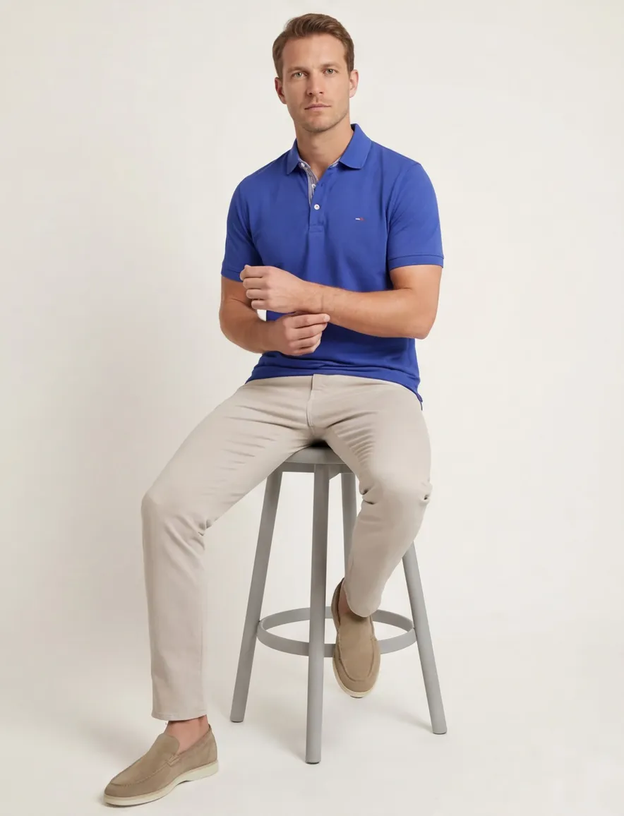 Poloshirt katoen korte mouw Portofino blauw 3-knoops