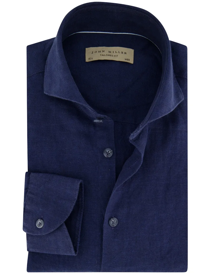 Tailored fit donkerblauw John Miller overhemd linnen