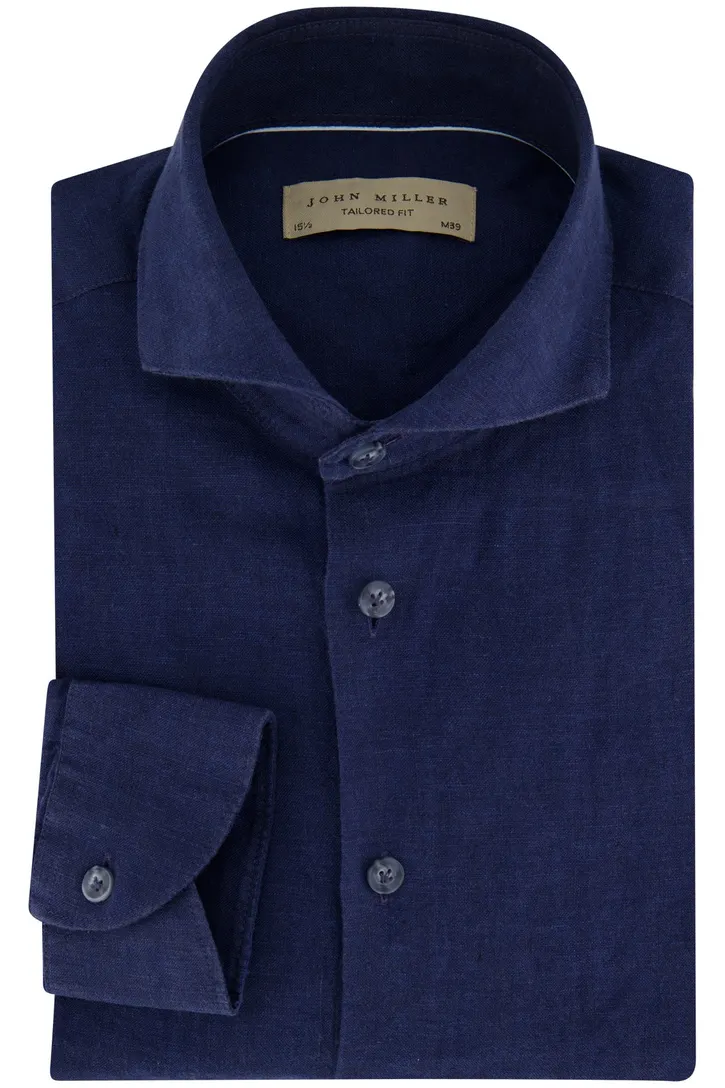 Donkerblauw John Miller linnen overhemd slim fit