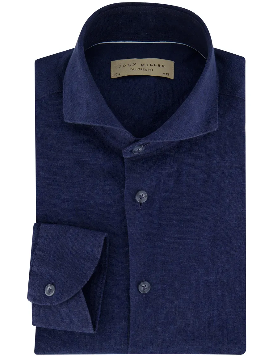 Tailored fit donkerblauw John Miller overhemd linnen
