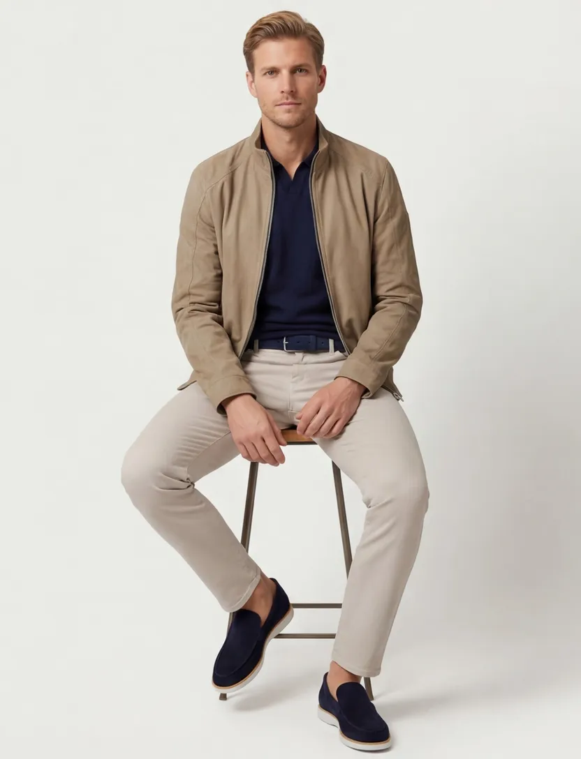 Bugatti zomerjas camel effen rits wijde fit