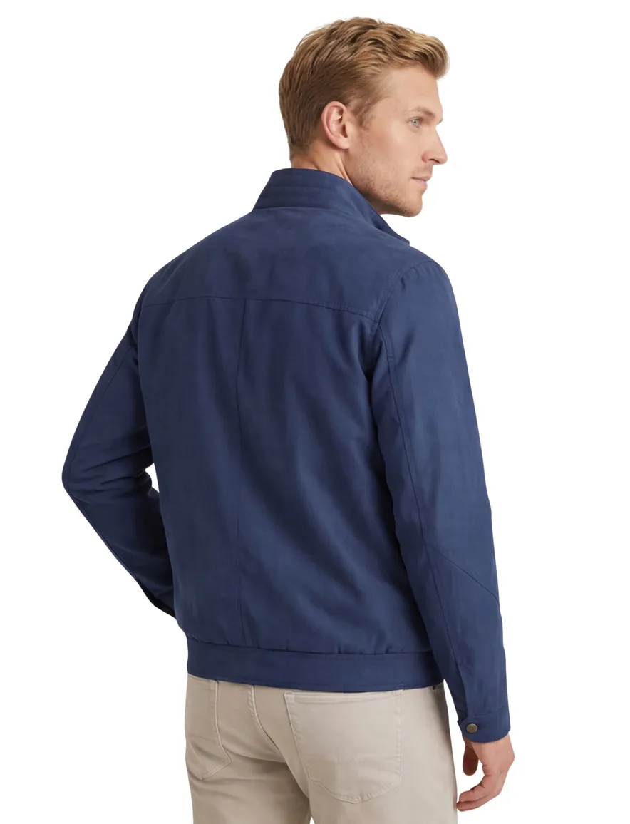Bugatti korte zomerjas donkerblauw effen rits wijde fit