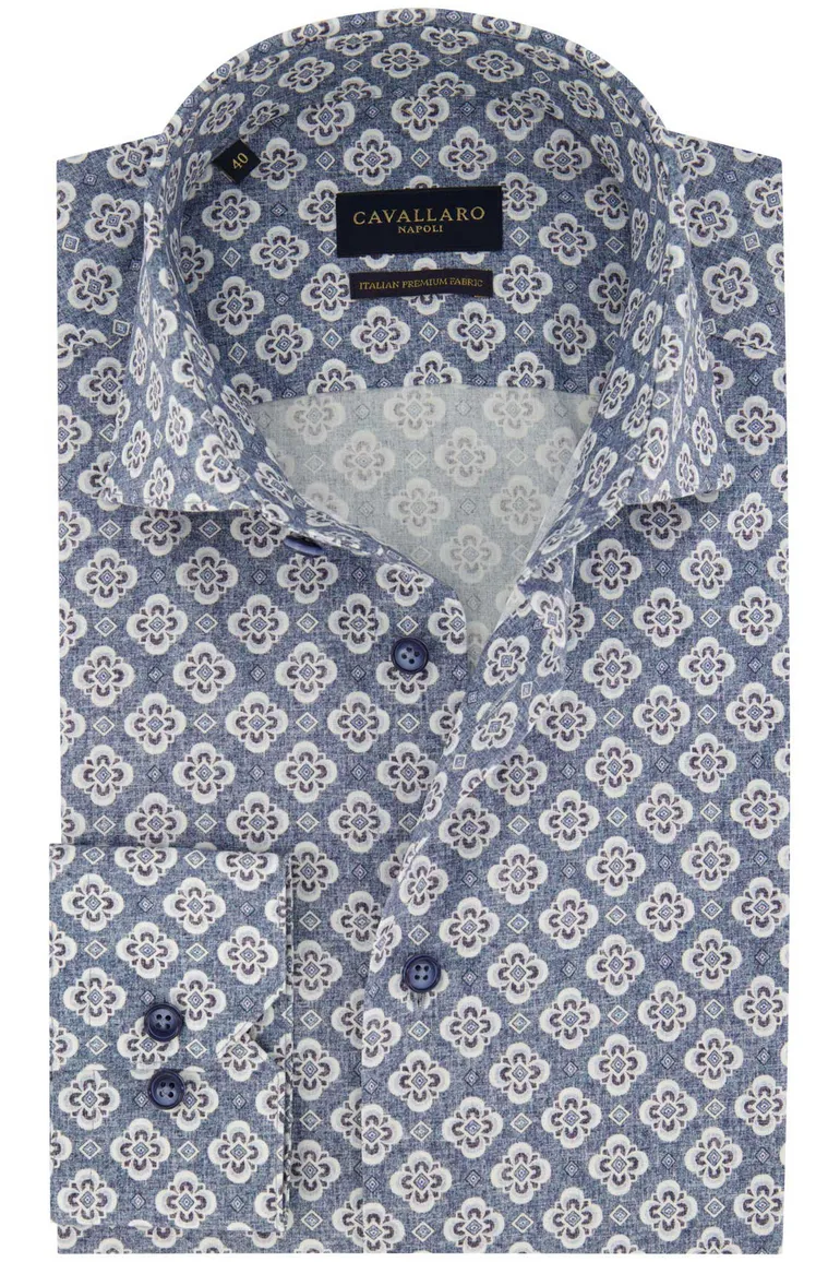 Blauw geprint Cavallaro Taranto overhemd slim fit katoen