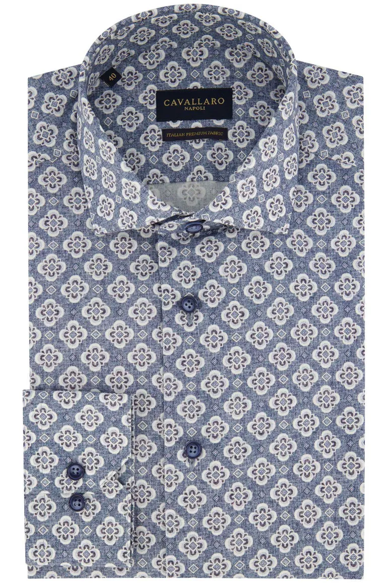 Blauw geprint Cavallaro Taranto overhemd slim fit katoen