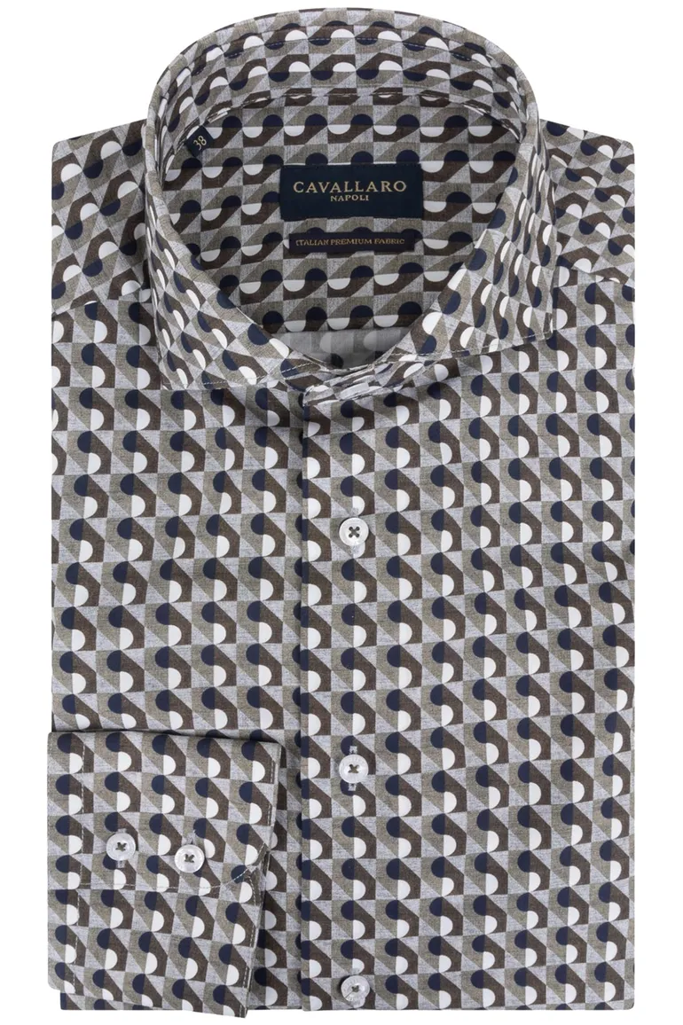 Cavallaro overhemd mouwlengte 7 slim fit donnkergroen geprint