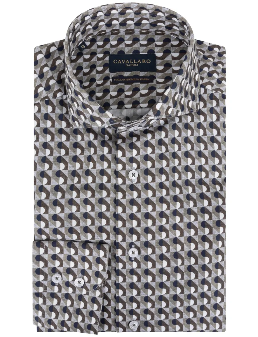 Cavallaro overhemd mouwlengte 7 slim fit donnkergroen geprint