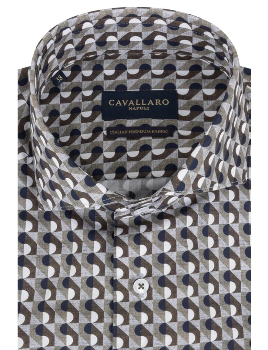 Cavallaro overhemd mouwlengte 7 slim fit donnkergroen geprint