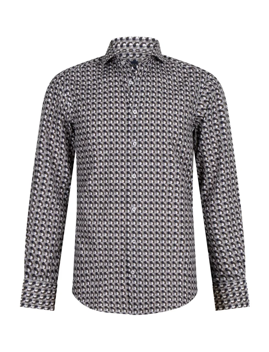 Cavallaro overhemd mouwlengte 7 slim fit donnkergroen geprint