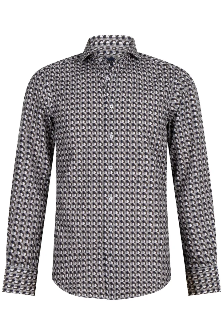 Overhemd Cavallaro mouwlengte 7 donkergroen geprint katoen slim fit