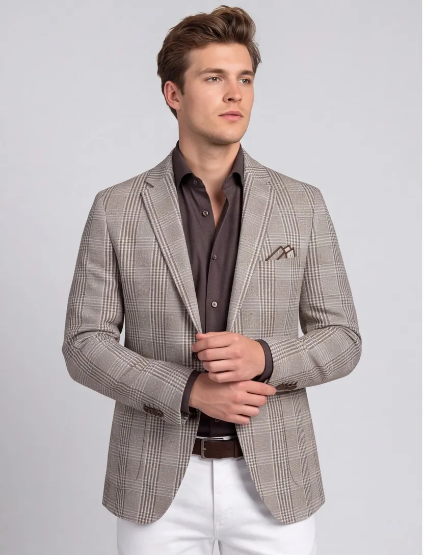 katoenen Born with appetite colbert grijs geruit slim fit