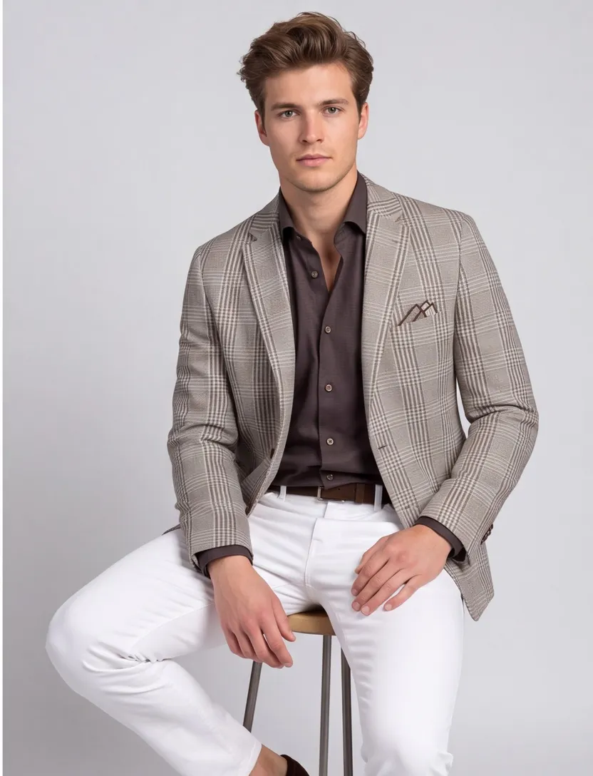 katoenen Born with appetite colbert grijs geruit slim fit