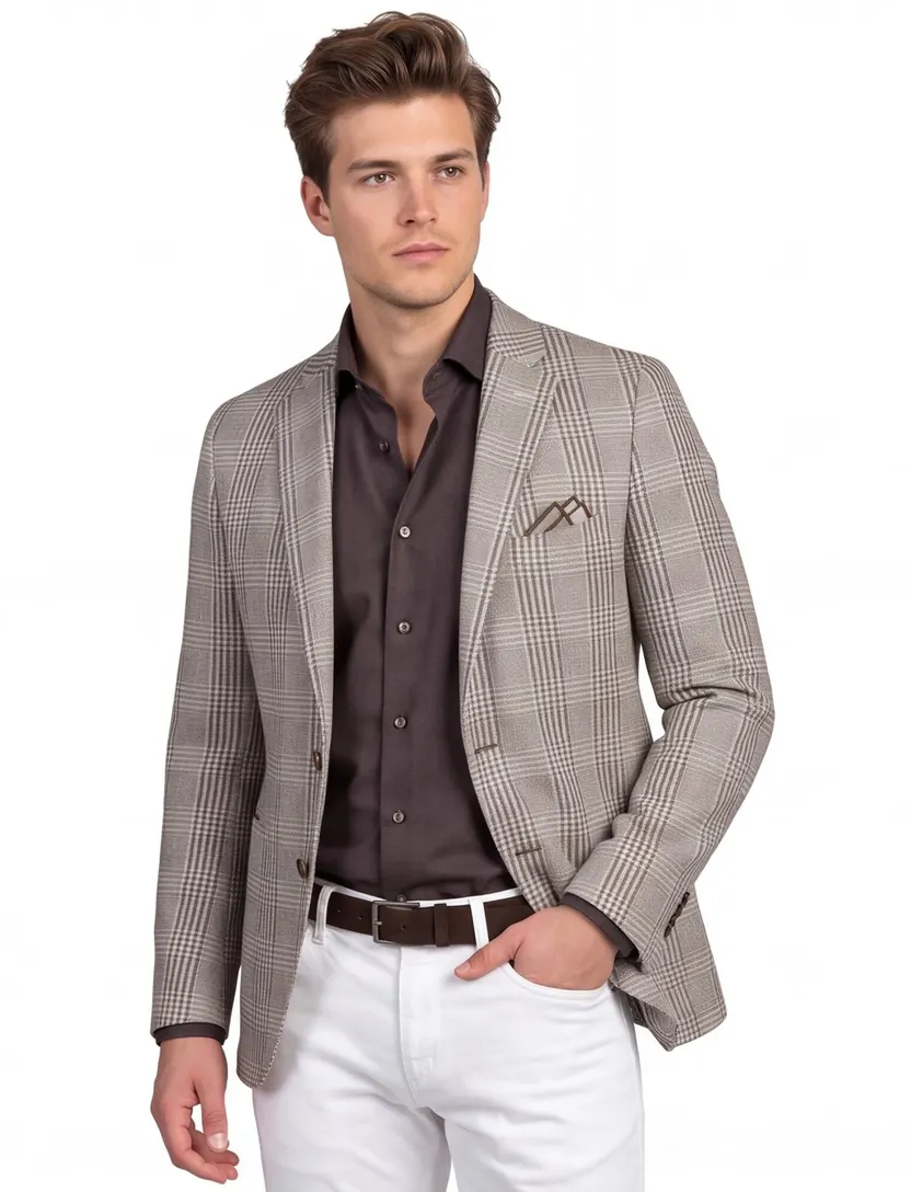 katoenen Born with appetite colbert grijs geruit slim fit