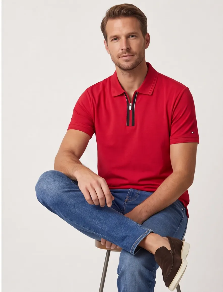 Tommy Hilfiger polo rood met rits effen