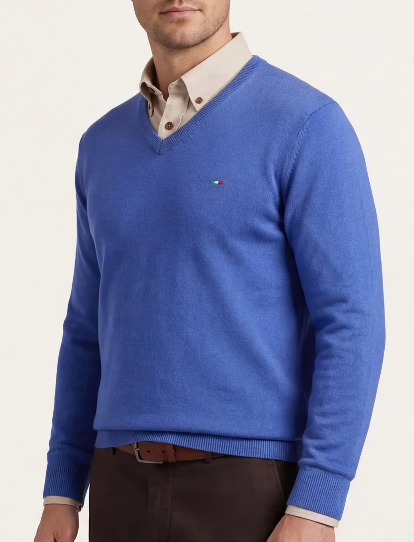 katoenen Portofino trui v-hals effen blauw