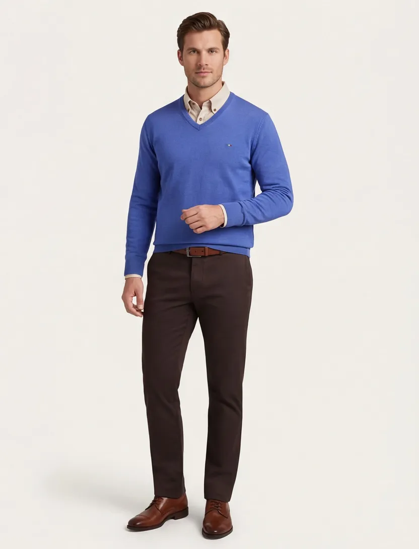 katoenen Portofino trui v-hals effen blauw