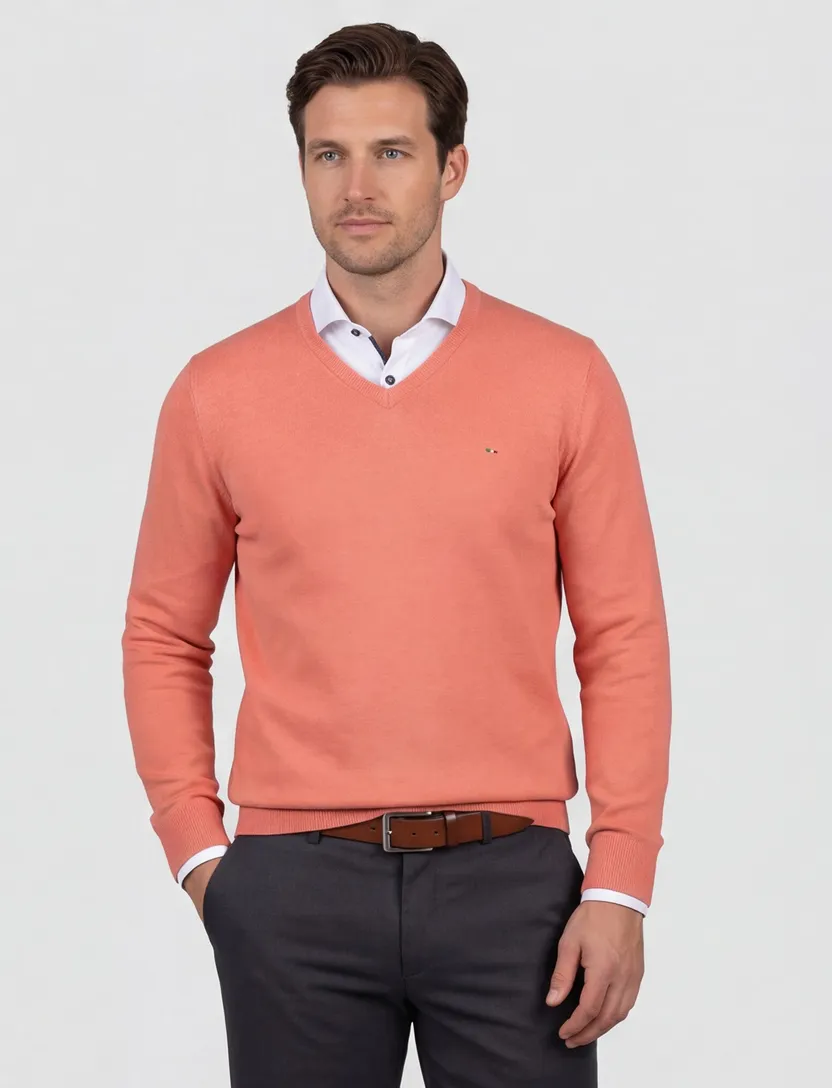 katoenen Portofino trui v-hals effen oranje