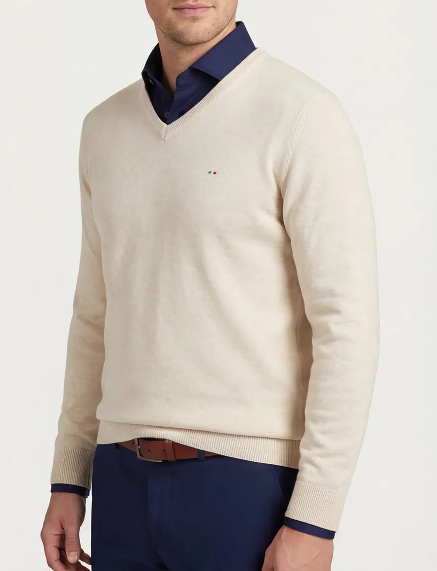 Portofino trui v-hals effen beige katoen