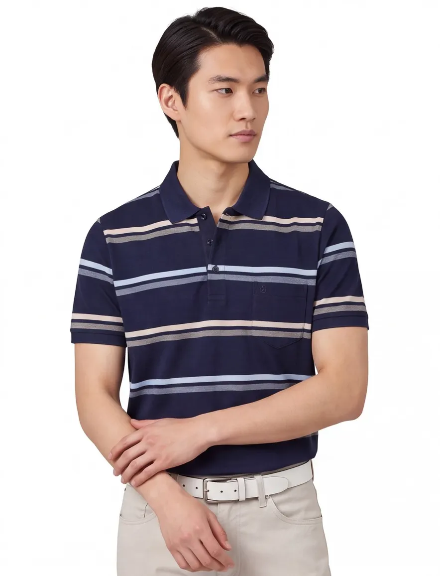 Pierre Cardin poloshirt donkerblauw roze gestreept