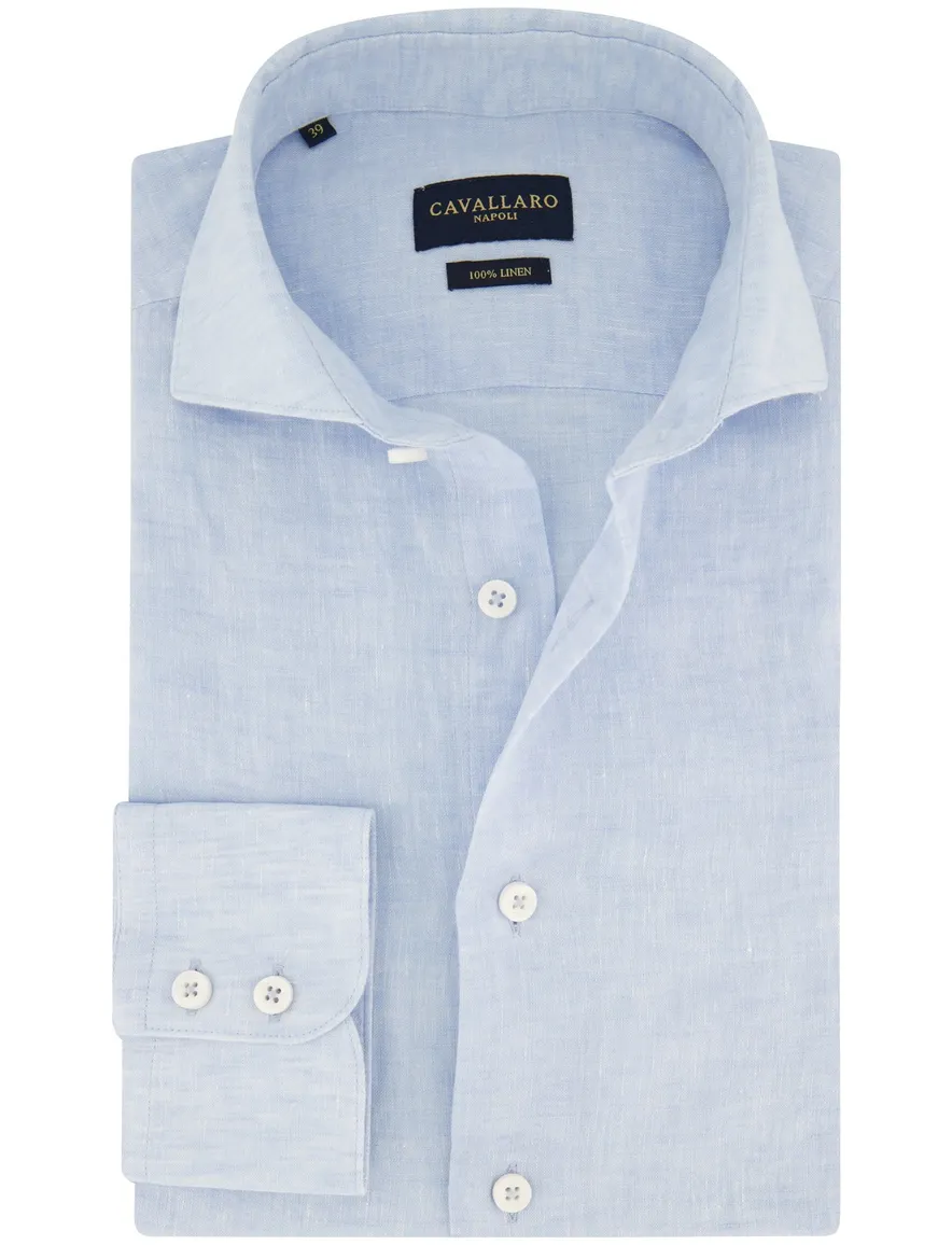 Slim fit lichtblauw Cavallaro overhemd gemêleerd linnen