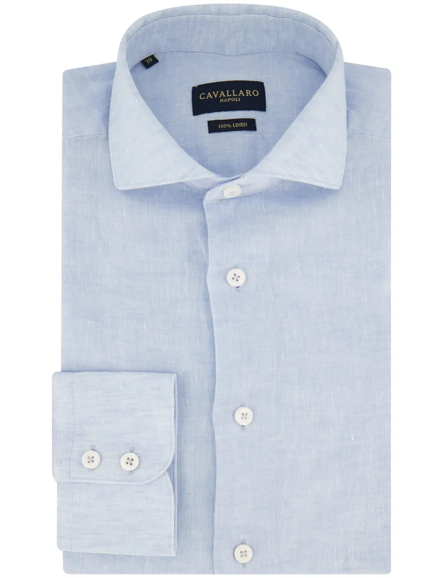 Slim fit lichtblauw Cavallaro overhemd gemêleerd linnen